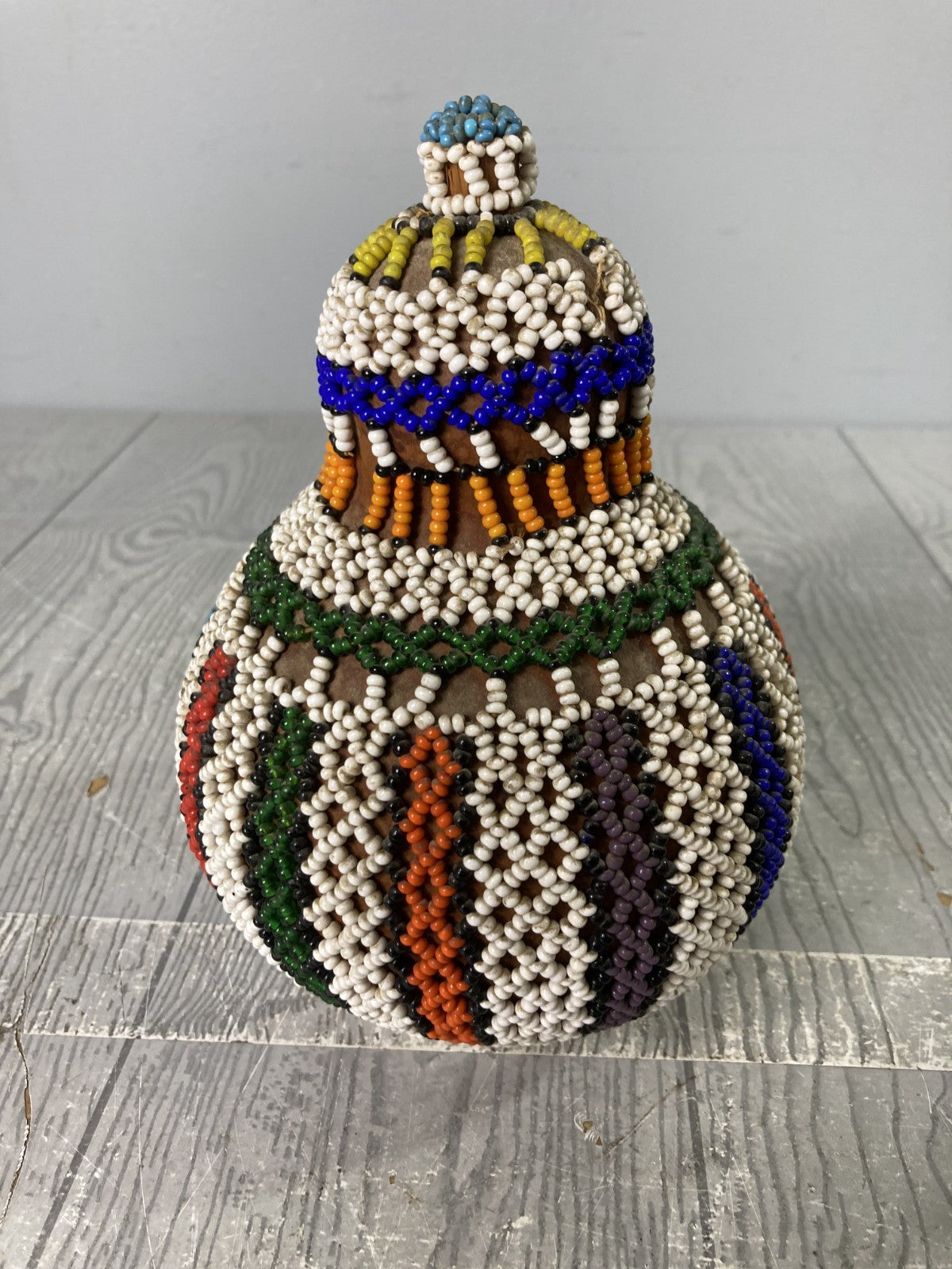 African Zulu Beaded Snuff Gourd Tribal Art & Decor with Elaborate Beadwork 