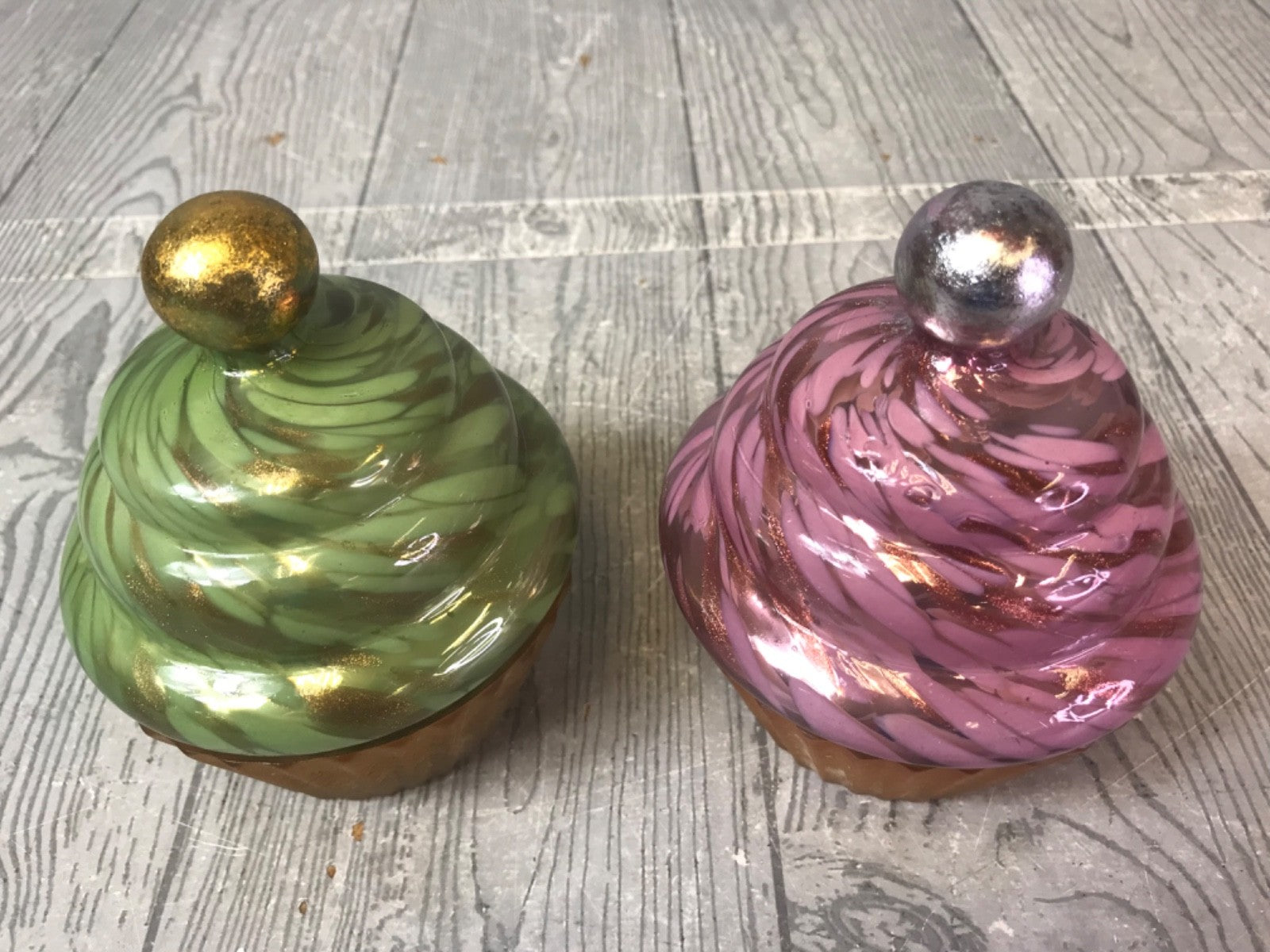 Pair of Green and Pink Anthropologie Cupcake Glass Candle Holders - No Candles