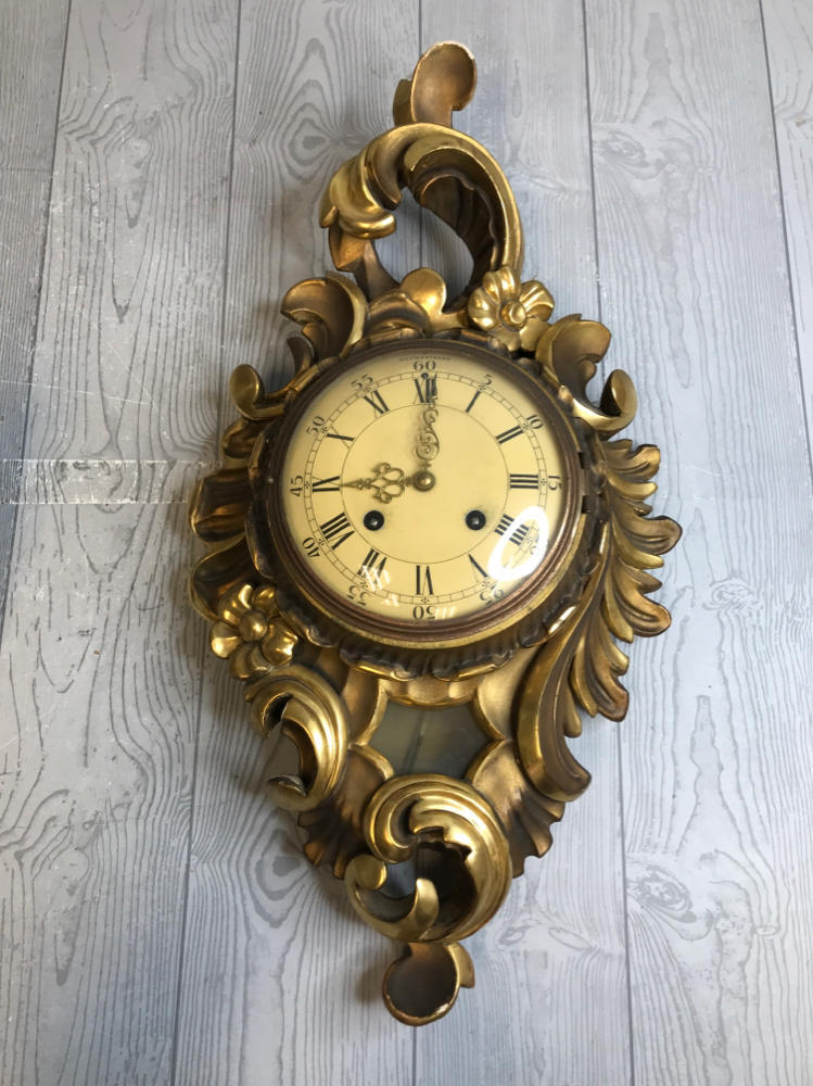 Westerstrand Swedish Hand Carved Wooden Gold Wall Hanging Clock Rococo Style