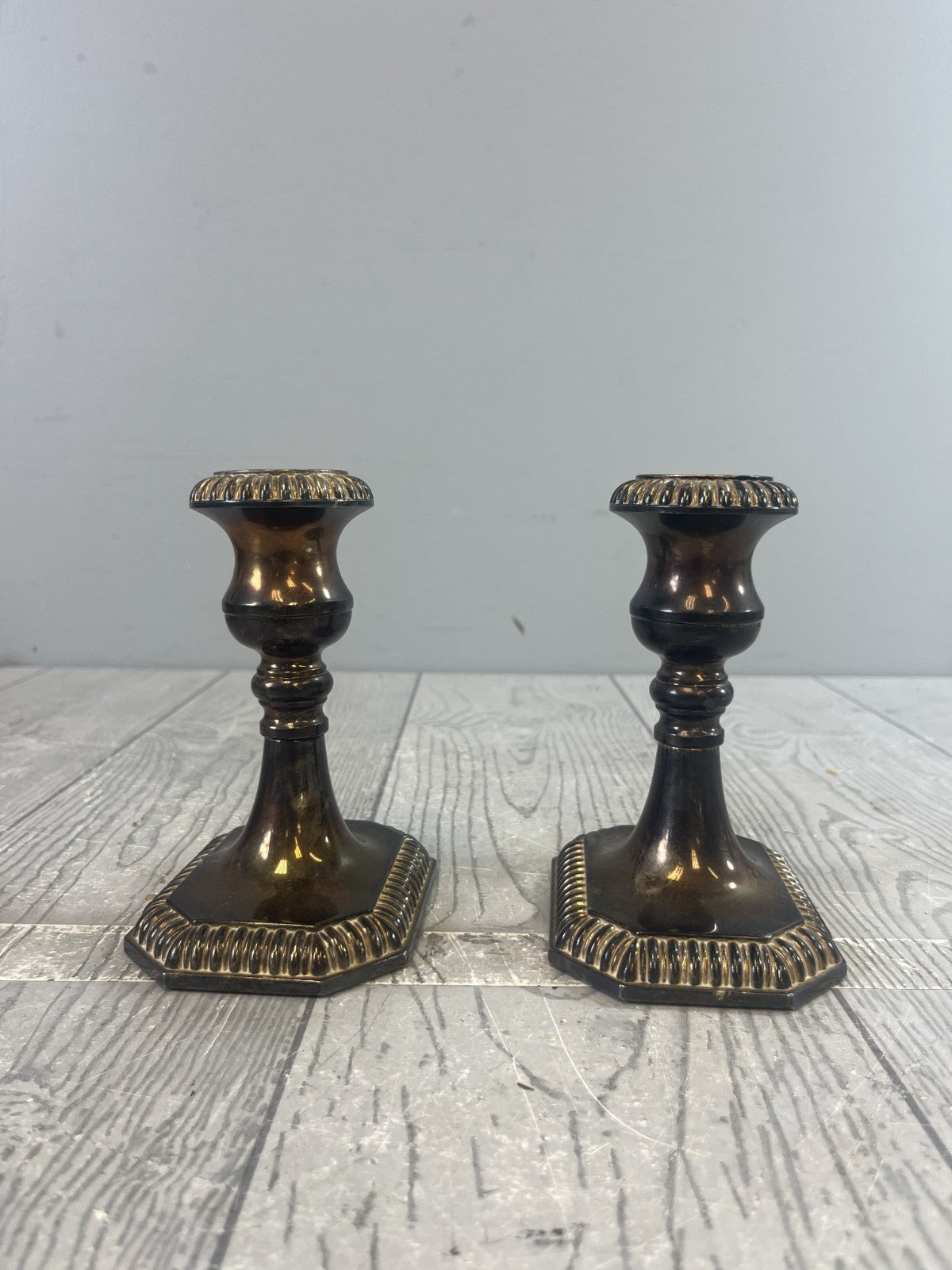 Vintage Pair of Midcentury Modern Brass Candlesticks Candle Holders Ornate