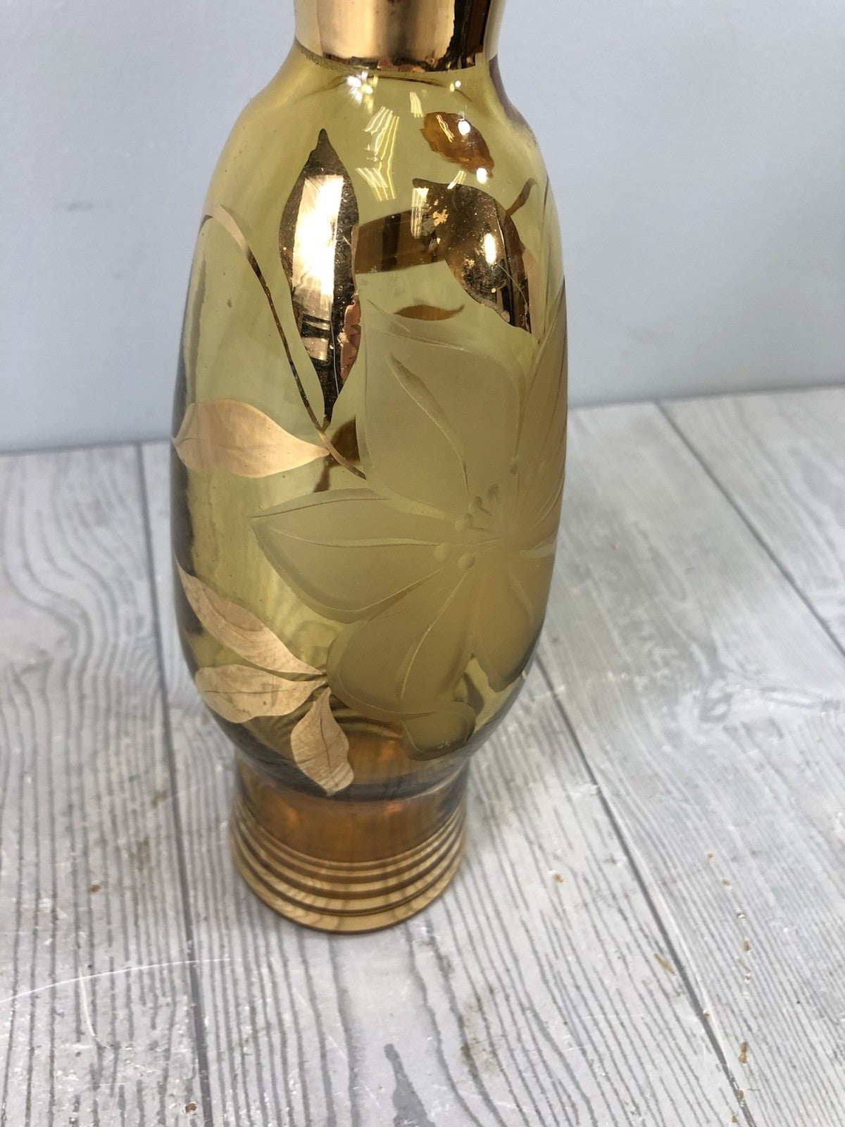 Beautiful Czech Bohemian Cut Amber Crystal Glass Etched Flower Decanter