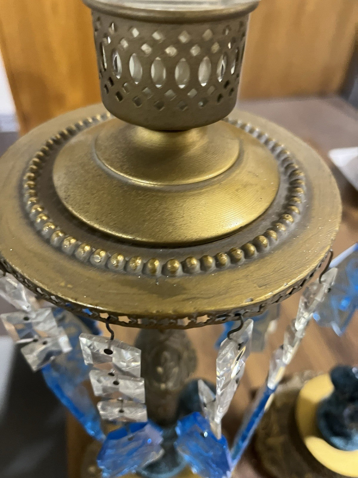 Pair Of Antique Cast Gold Metal With Blue Cherub Figural Table Lamp Clear Shades