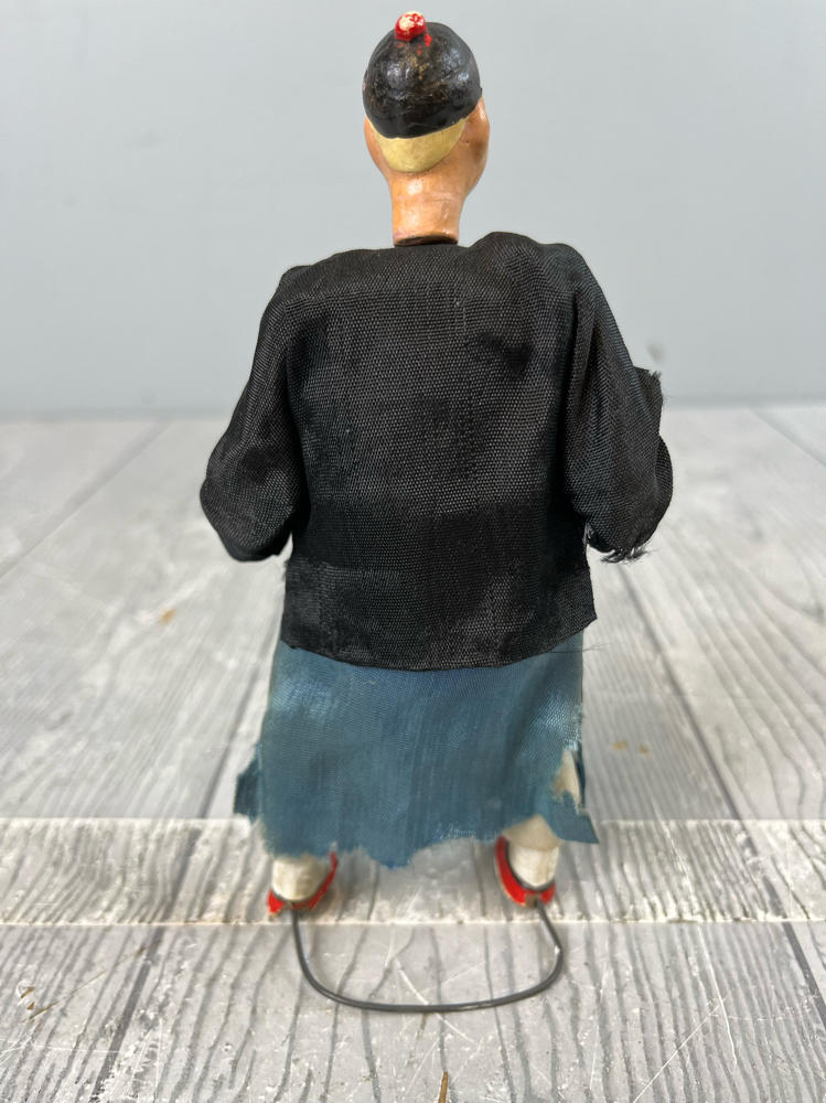 Vintage Bisque Composition Doll Figurine Asian Man on Wire Stand