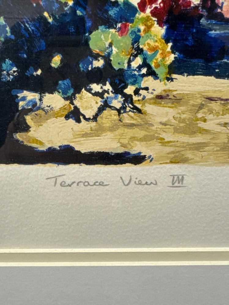 Signed Hazel Soan Terrace View 3 Sea Serigraph Painting in Gold Frame