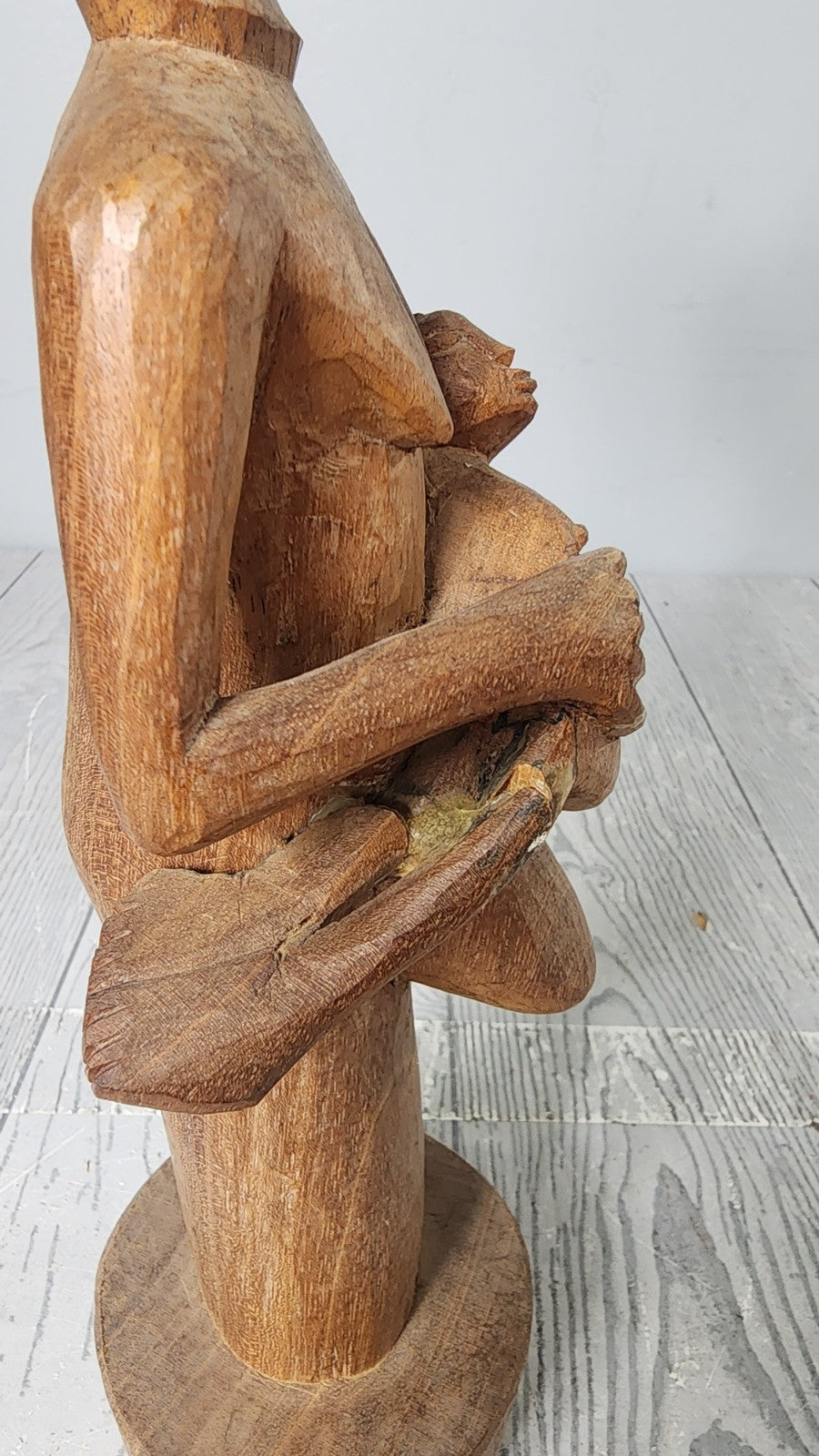 Unique!!! 16" Vintage Tribal Wood Carved Nude Woman Holding Baby