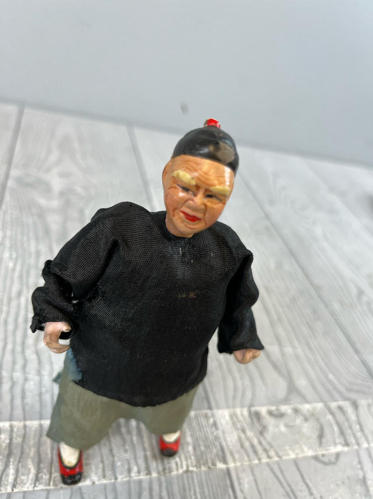 Vintage Bisque Composition Doll Figurine Asian Man on Wire Stand
