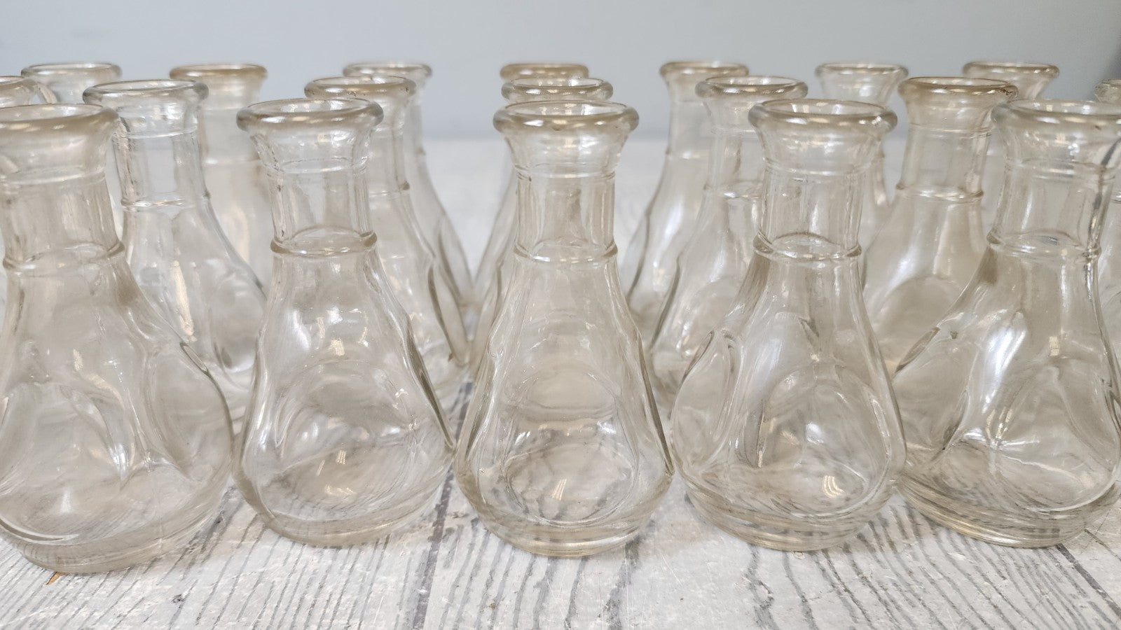 Vintage Lot of 20 Mini Clear Glass Libby Bottles/Bud Vases L Embossment