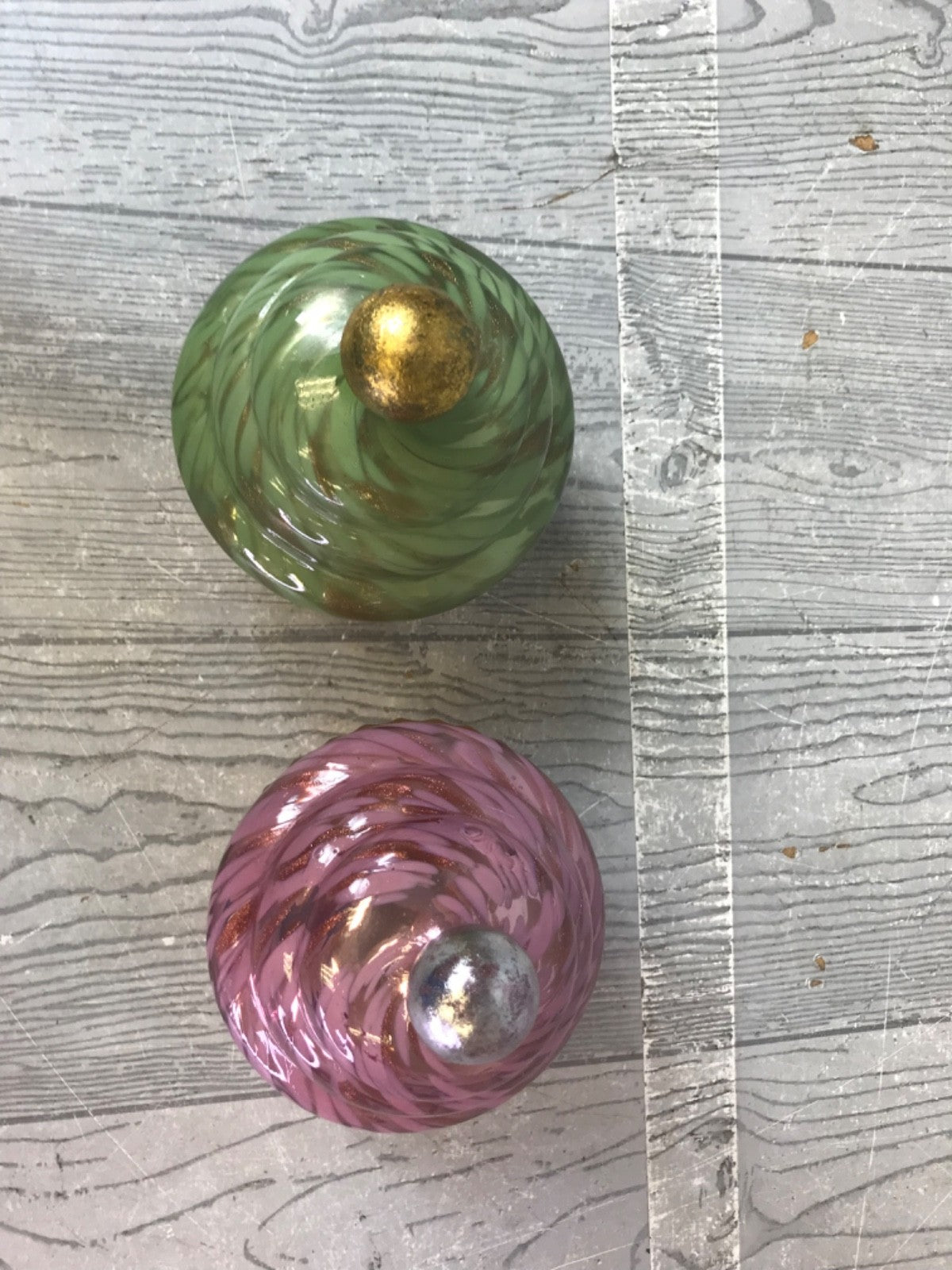 Pair of Green and Pink Anthropologie Cupcake Glass Candle Holders - No Candles
