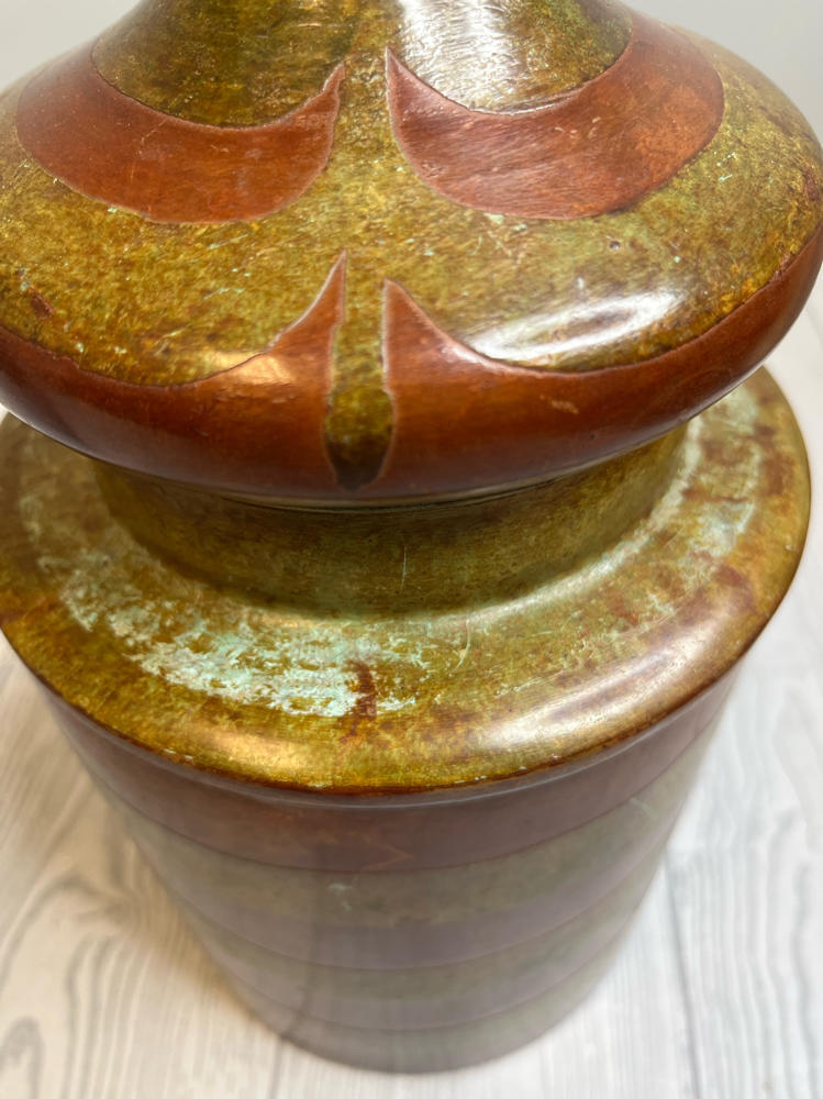Pair of 70s Inspired Lidded Metal Cannisters Hand-Painted Green, Brown Storage