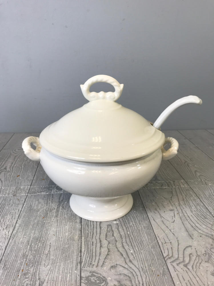 Antique Boch La Louviere Soup Tureen Dish w Ladle Art Nouveau Art Deco White