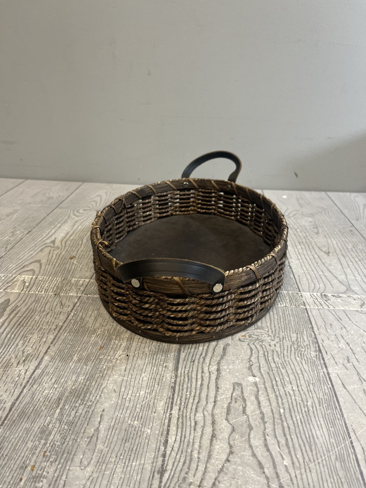 Vintage Handmade Amish Basket in Dark Brown Leather Handles Signed
