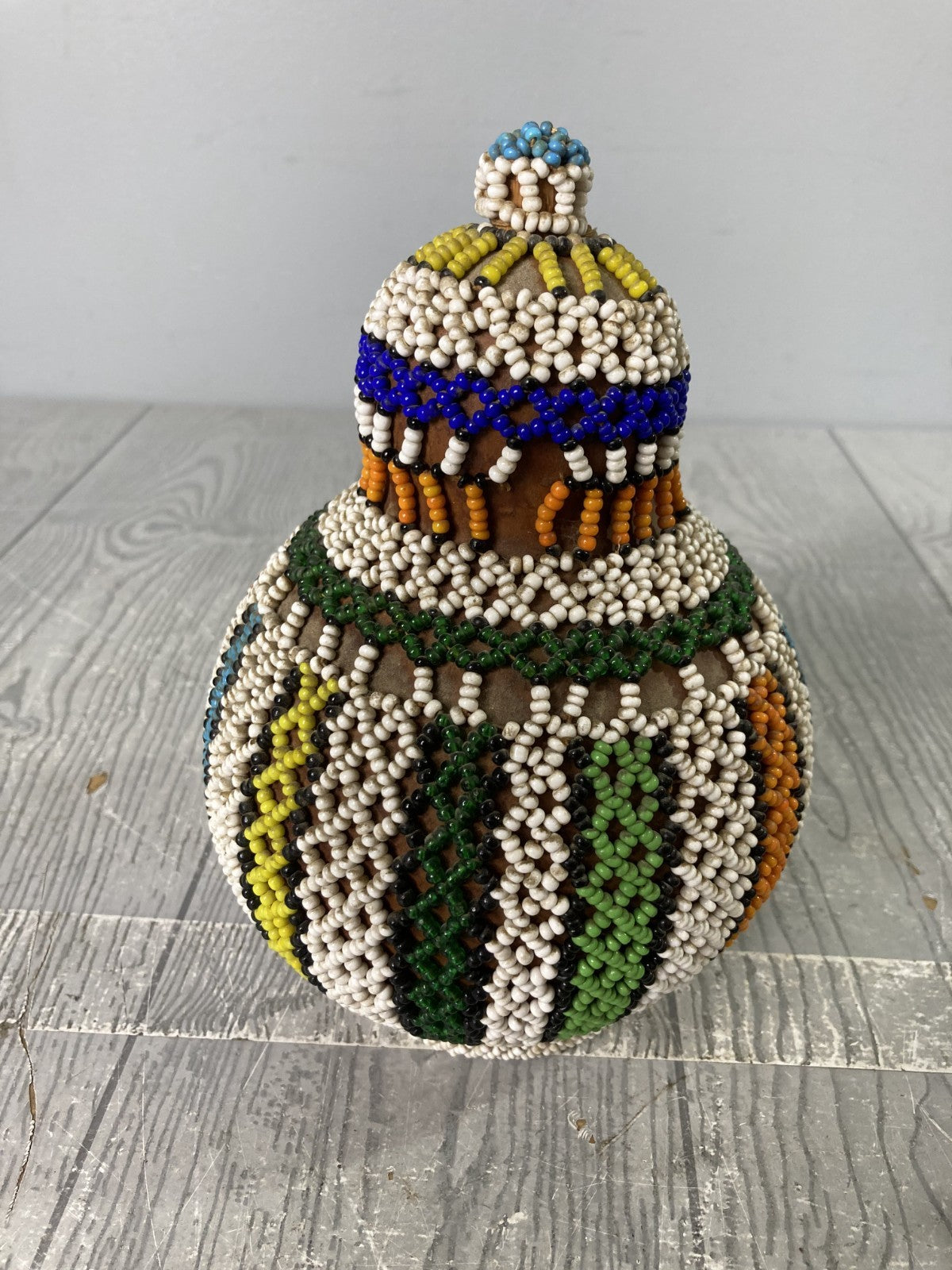 African Zulu Beaded Snuff Gourd Tribal Art & Decor with Elaborate Beadwork 