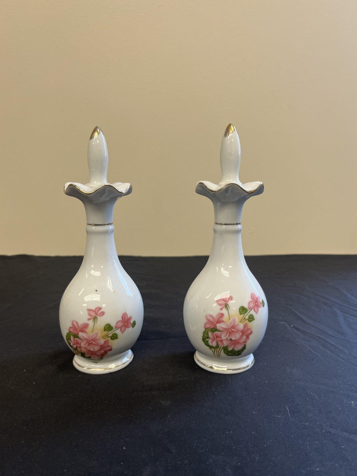 Vintage Pair of Floral Nasco Japan Porcelain Perfume Bottles with Stoppers