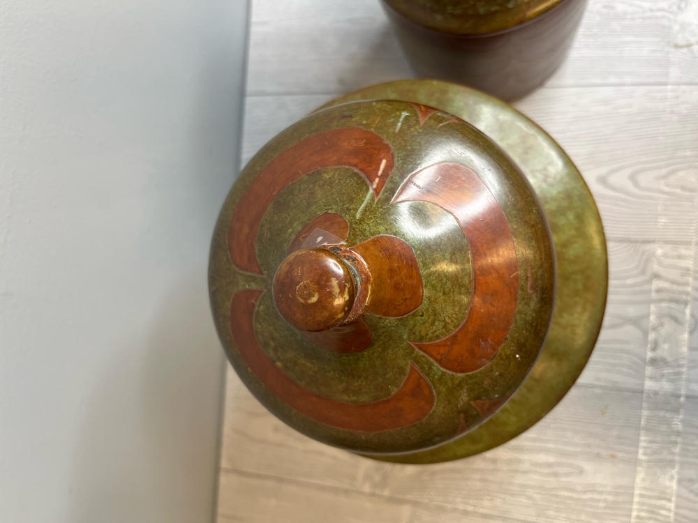 Pair of 70s Inspired Lidded Metal Cannisters Hand-Painted Green, Brown Storage