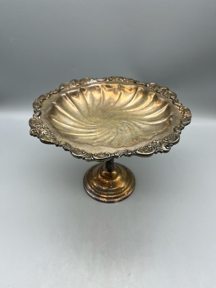Baroque by Wallace Tall Silverplate Compote Floral Details Scalloped Edges