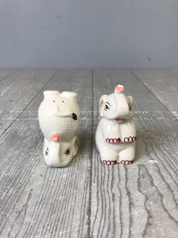 Elephant Ceramic Salt and Pepper Shakers Upside Down on Head White w/ Pink