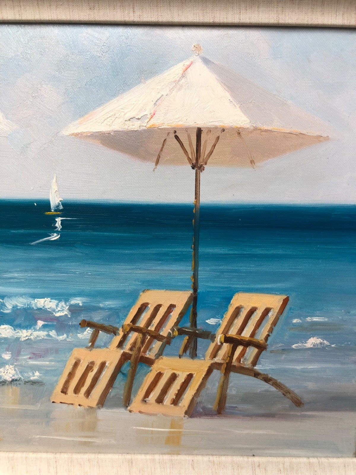 Acrylic Painting on Canvas of Two Chairs Under the Umbrella at the Beach- Signed