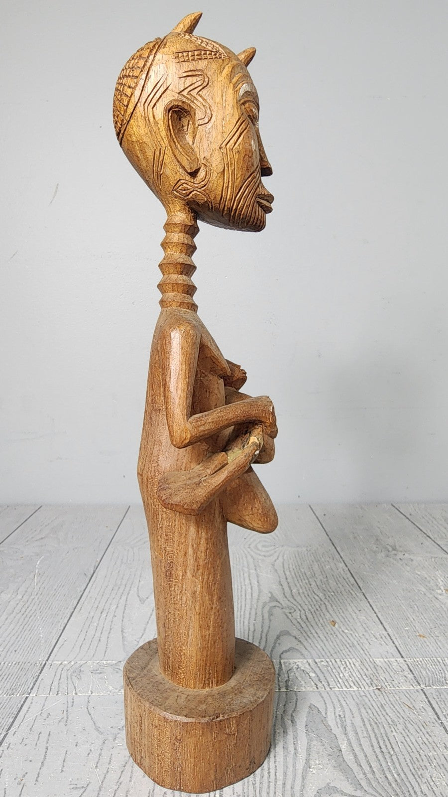 Unique!!! 16" Vintage Tribal Wood Carved Nude Woman Holding Baby