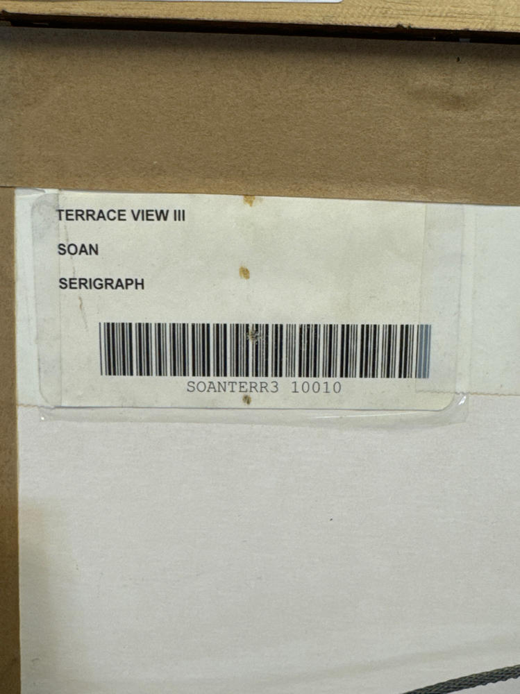 Signed Hazel Soan Terrace View 3 Sea Serigraph Painting in Gold Frame