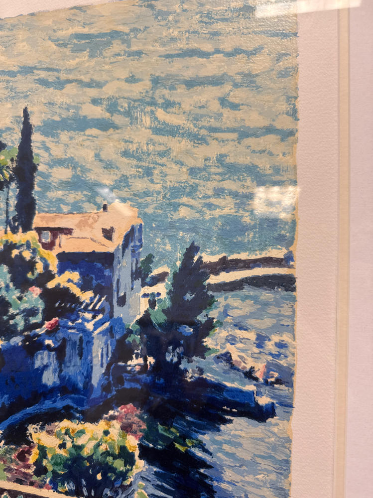 Signed Hazel Soan Terrace View 3 Sea Serigraph Painting in Gold Frame