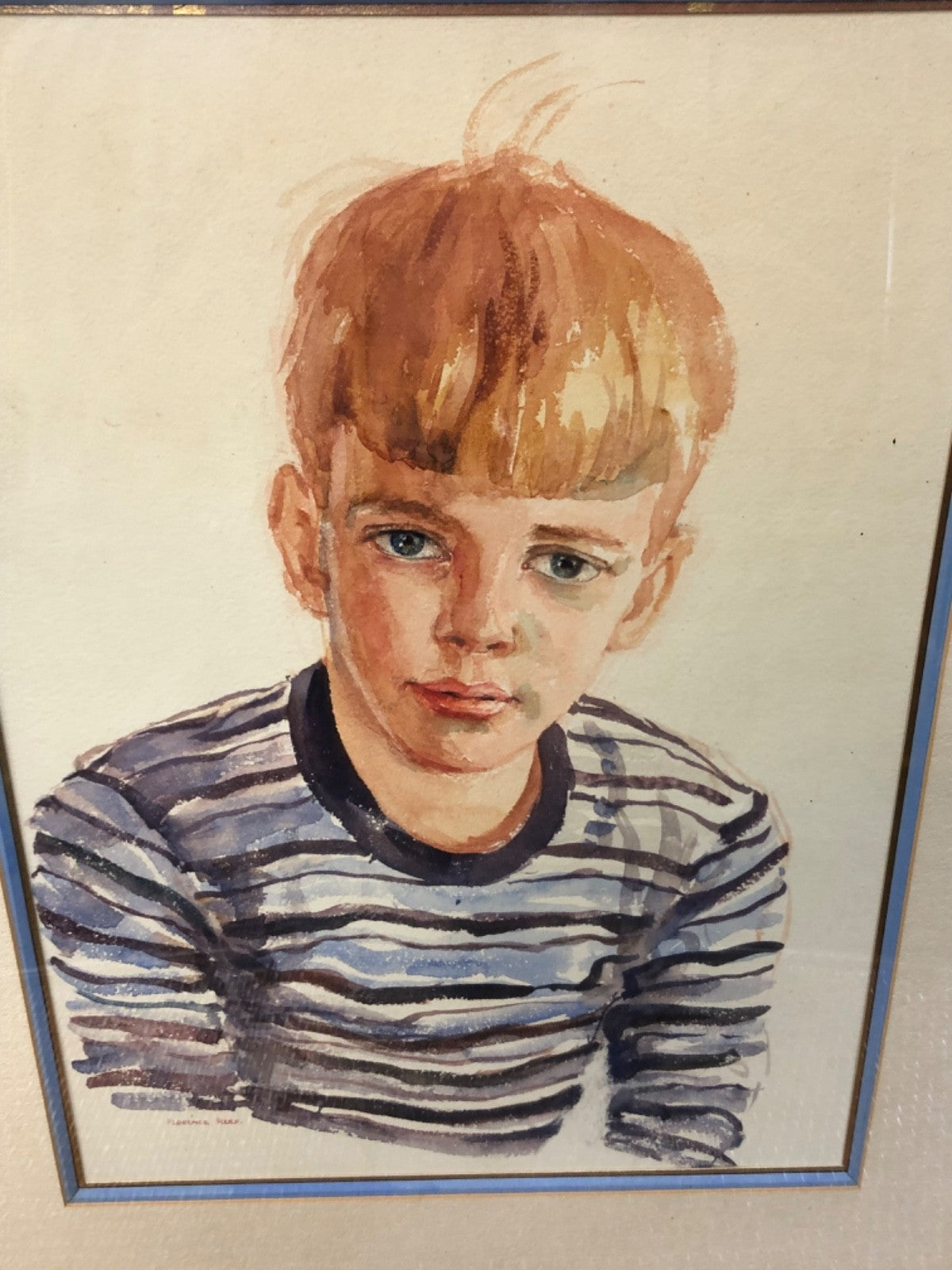Watercolor Painting of Little Boy in Striped Shirt Painted by Florence Reed