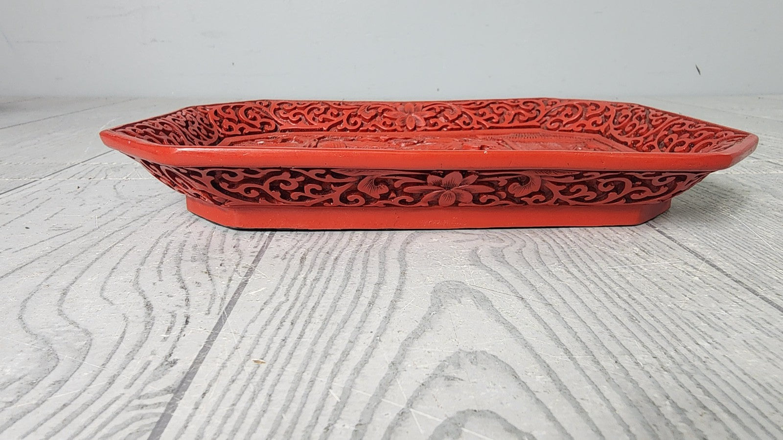 Vintage Mid-20th Century Chinese Hand Carved Cinnabar Inspired Lacquer Plate