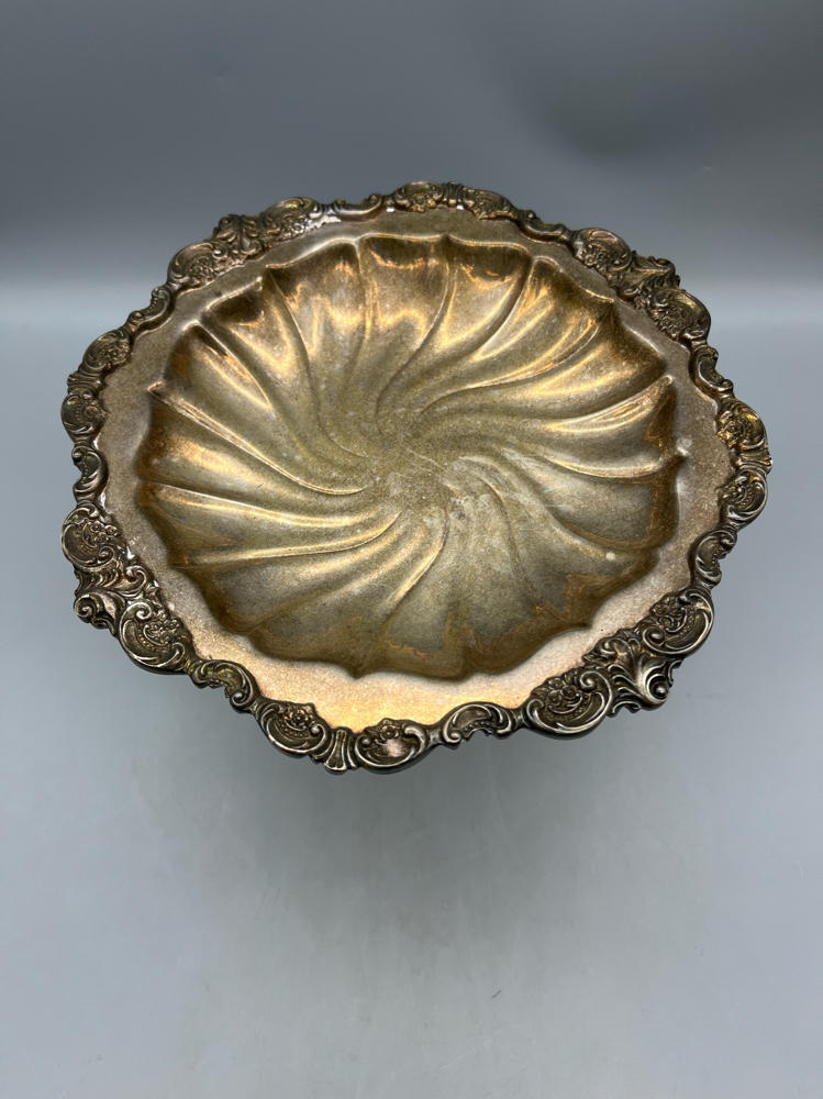 Baroque by Wallace Tall Silverplate Compote Floral Details Scalloped Edges