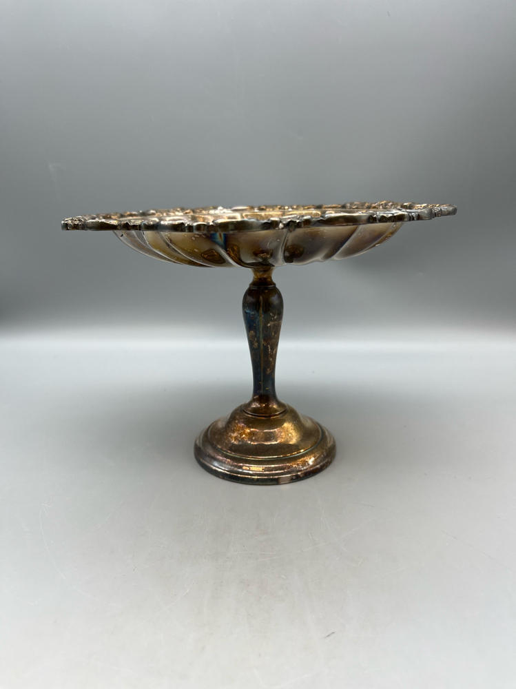 Baroque by Wallace Tall Silverplate Compote Floral Details Scalloped Edges