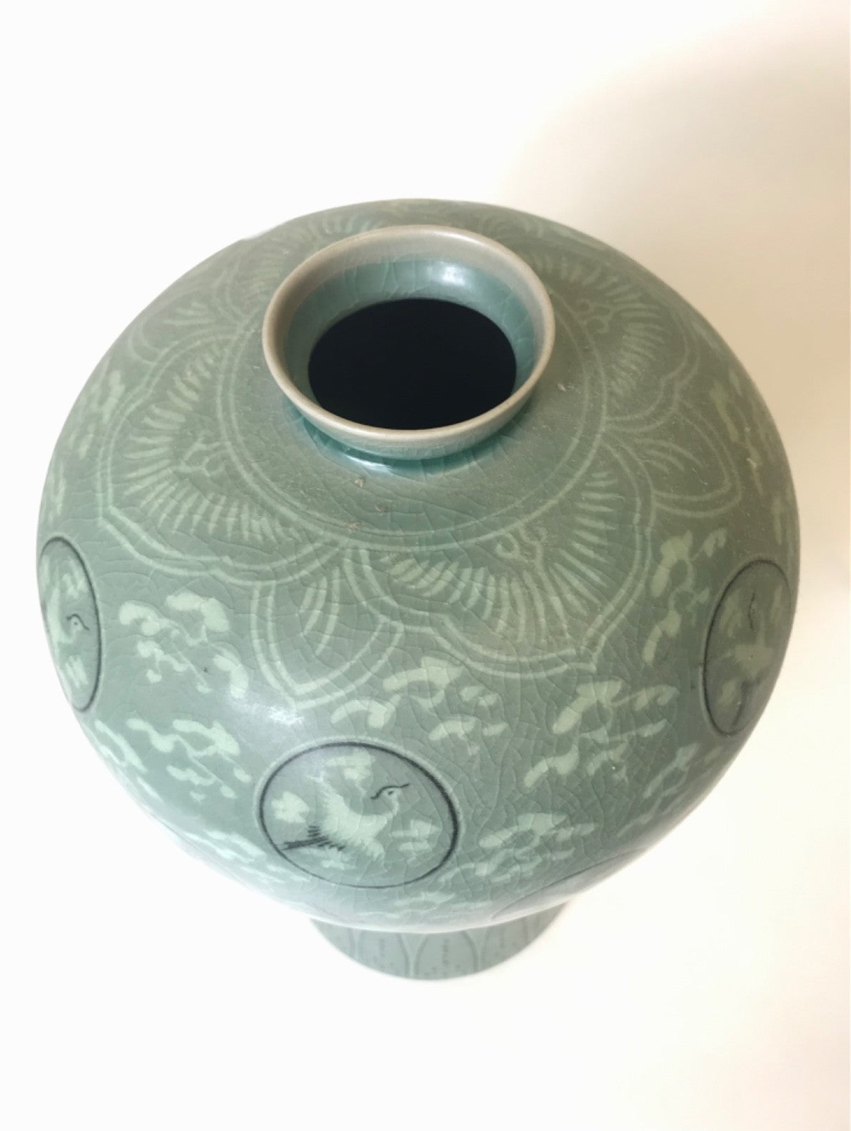 Korean Celadon Vase Featuring Inlaid Crane and Cloud Motifs 15" Tall- Blue Green