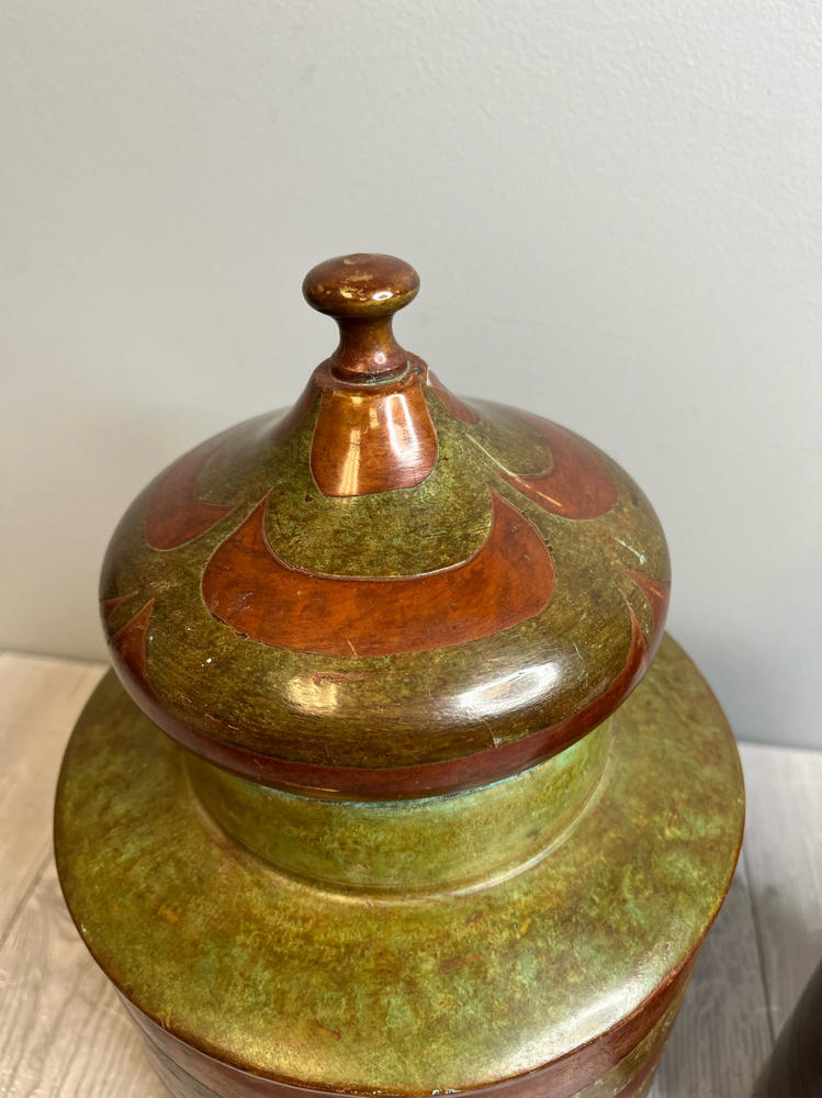 Pair of 70s Inspired Lidded Metal Cannisters Hand-Painted Green, Brown Storage