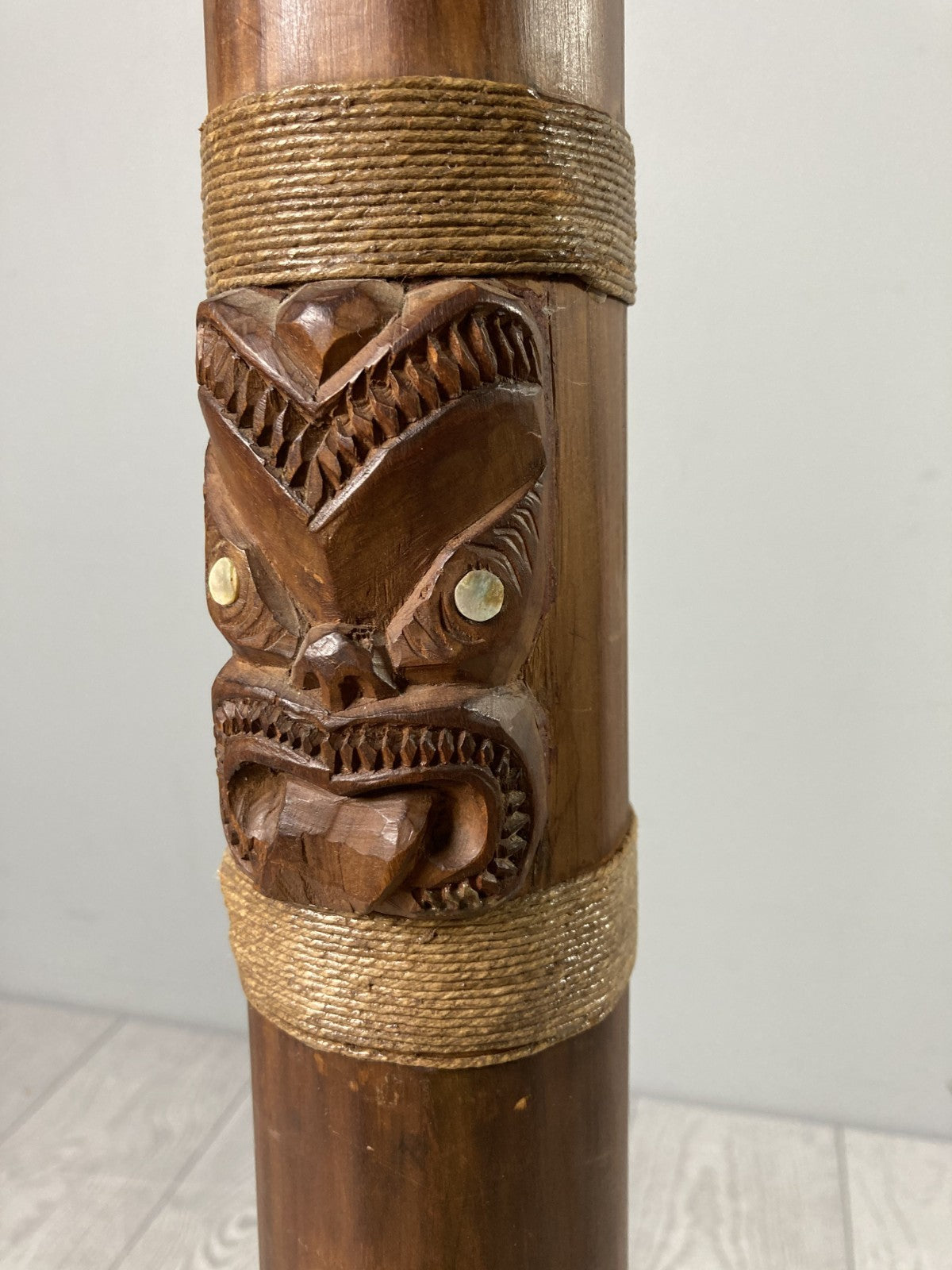 Decorative Tall Wooden Horn Shaped Polynesian Tribal Art Piece Mother of Pearl