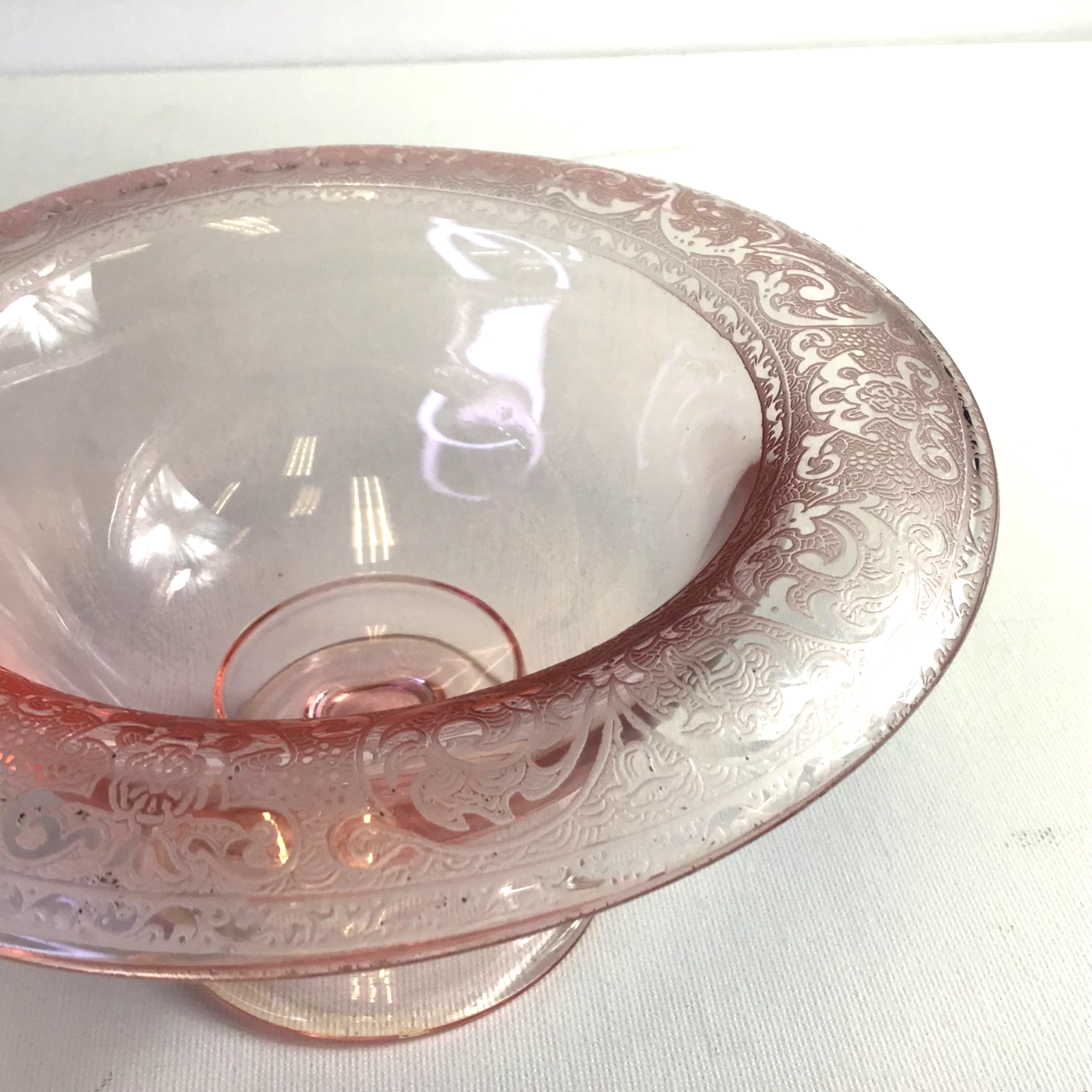 Vintage Pink Depression Glass Bowl on Pedestal with Delicate Etched Rim