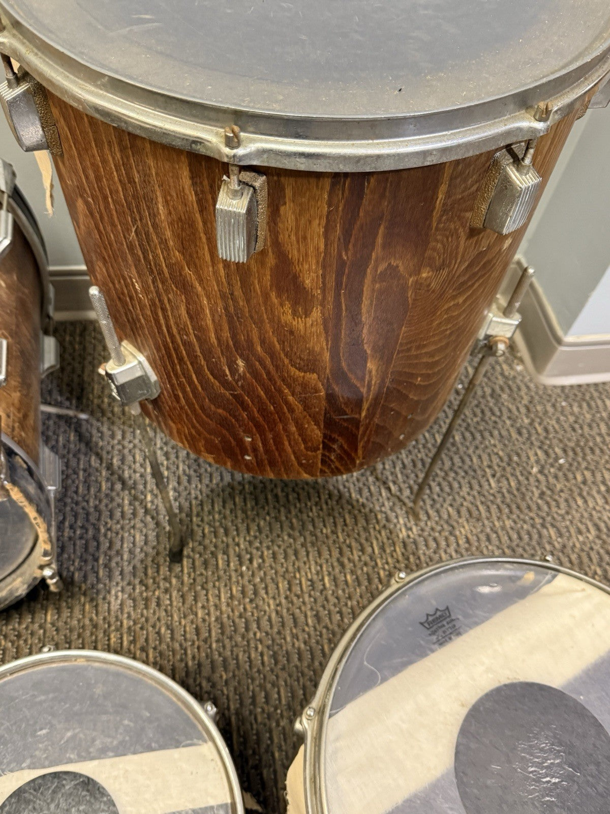 Vintage 6-Piece Set of 70s Rogers "Big R" Drums Wood Butcher Block Finish