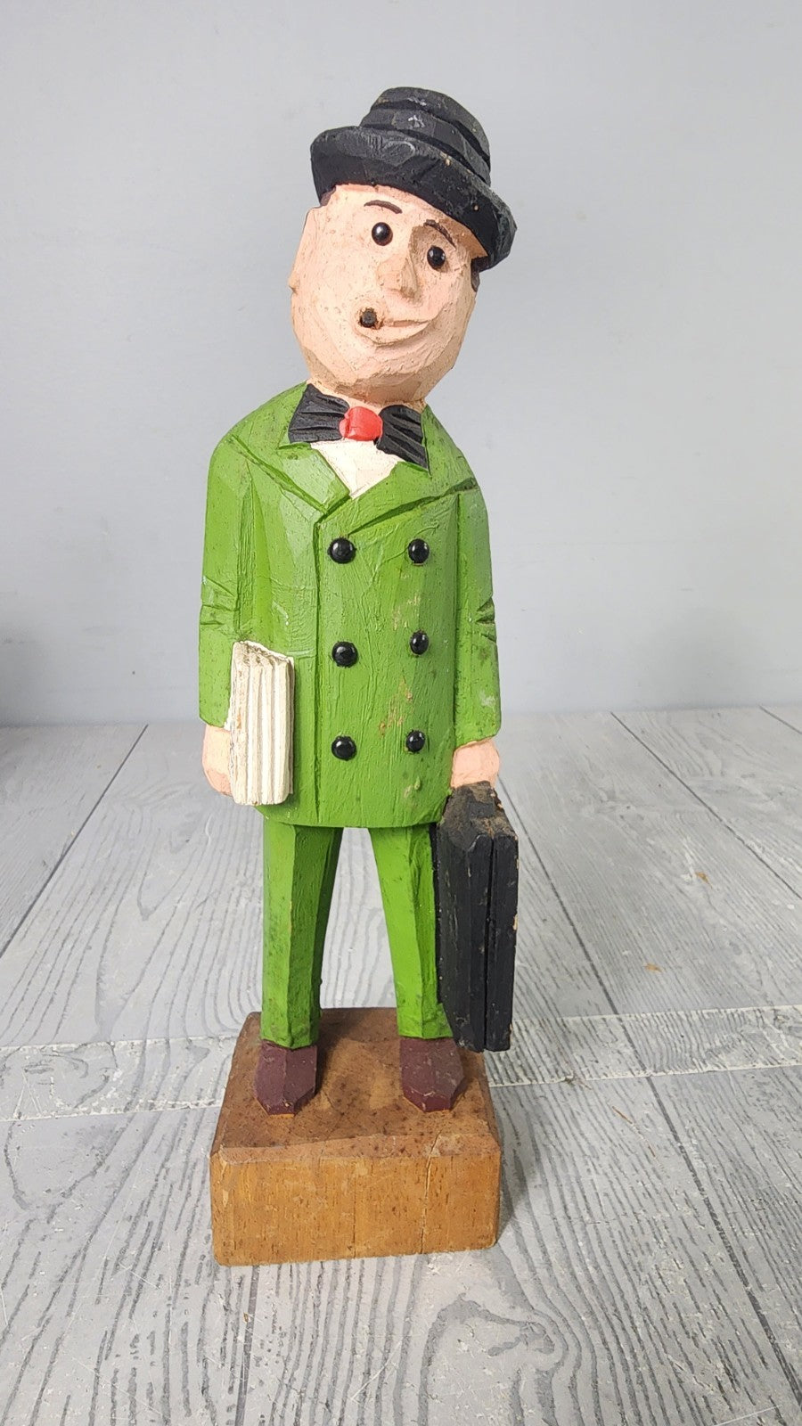 Vintage Hand Carved Wooden Statue Salesman with Cigar Wood Carving Art