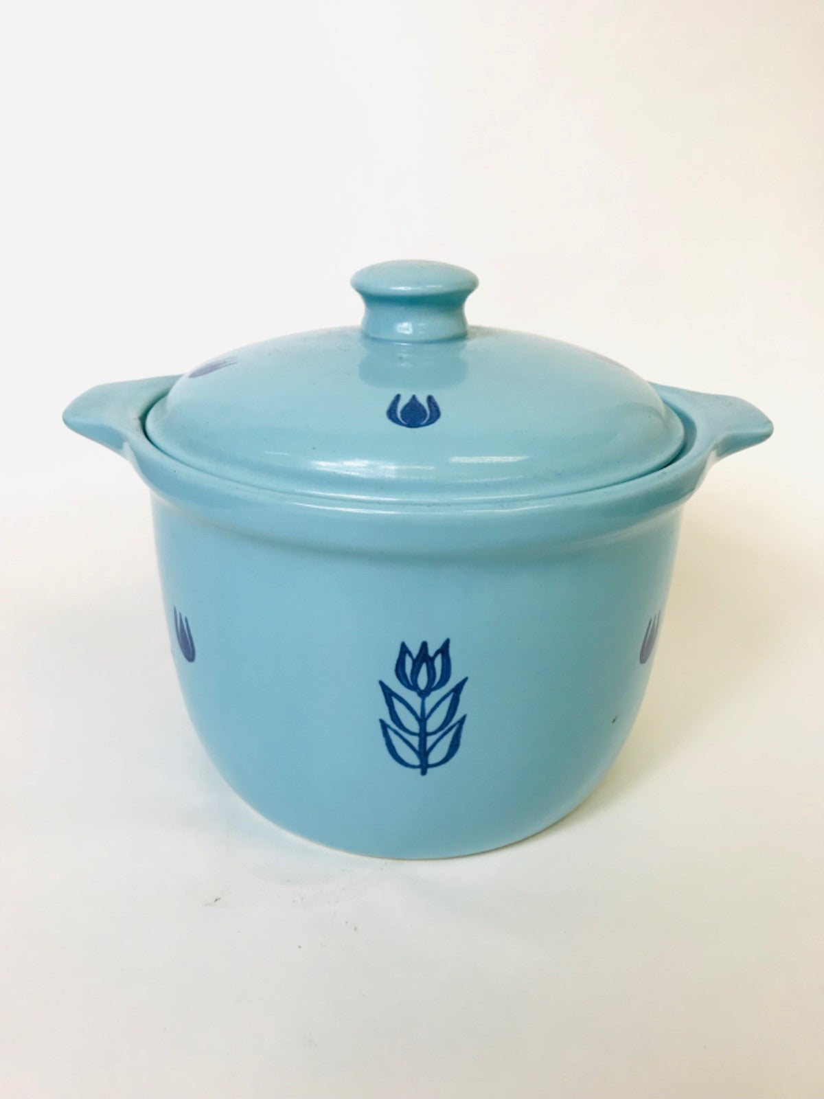 Cronin Pottery Blue Dutch Oven Bean Pot Featuring Blue Tulip Pattern with Lid