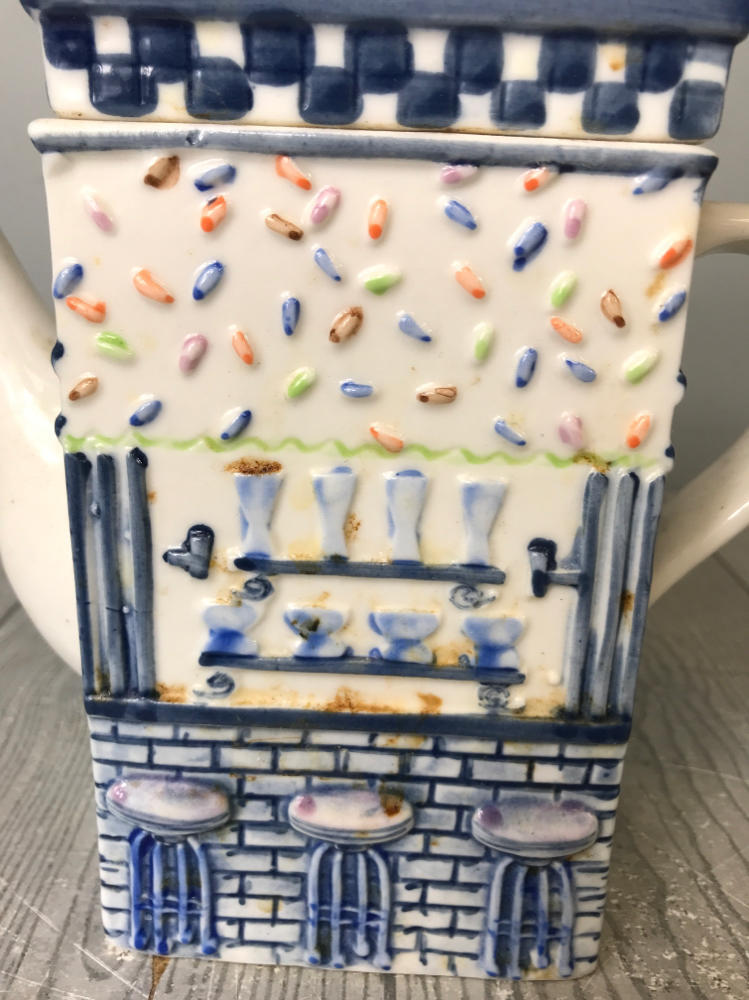 Vintage "Ice Creamery Ice Cream" Store Novelty Teapot -  Blue and White Ceramic