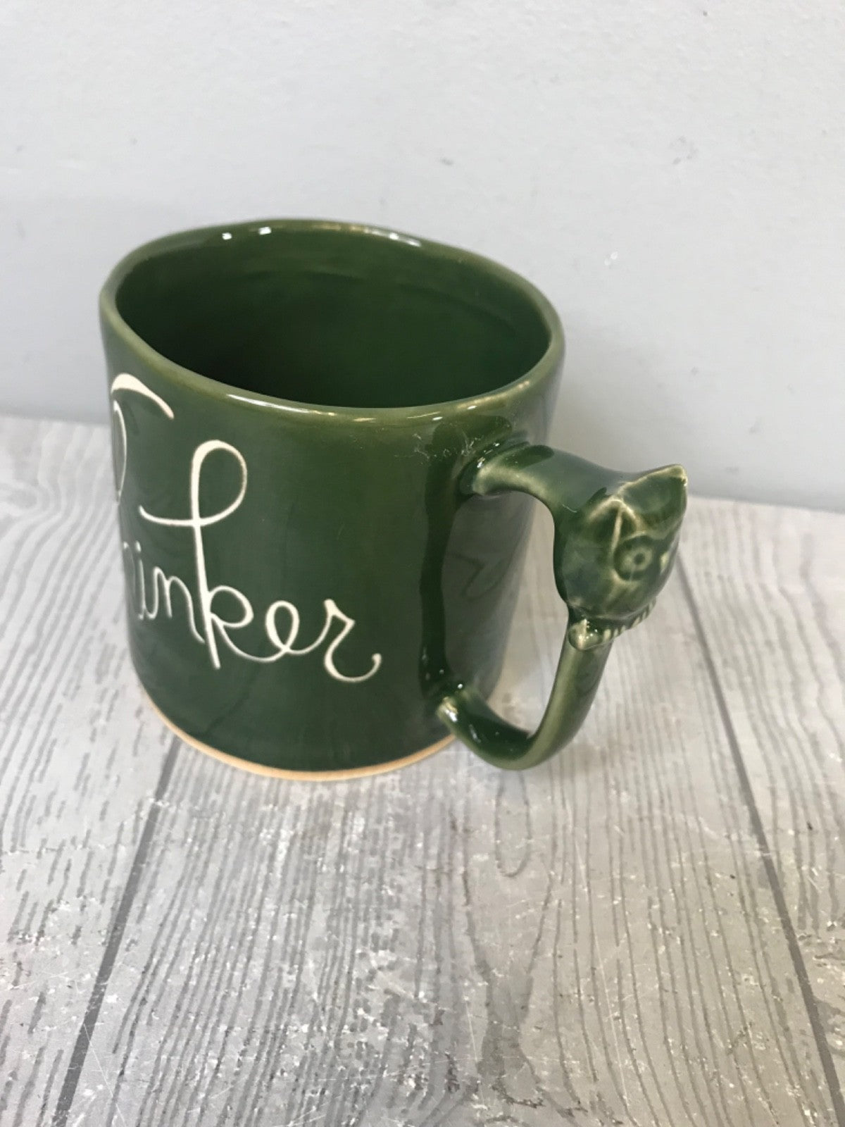 Green Anthropologie Visionary "Thinker" Mug - Green Mug With Owl on Handle