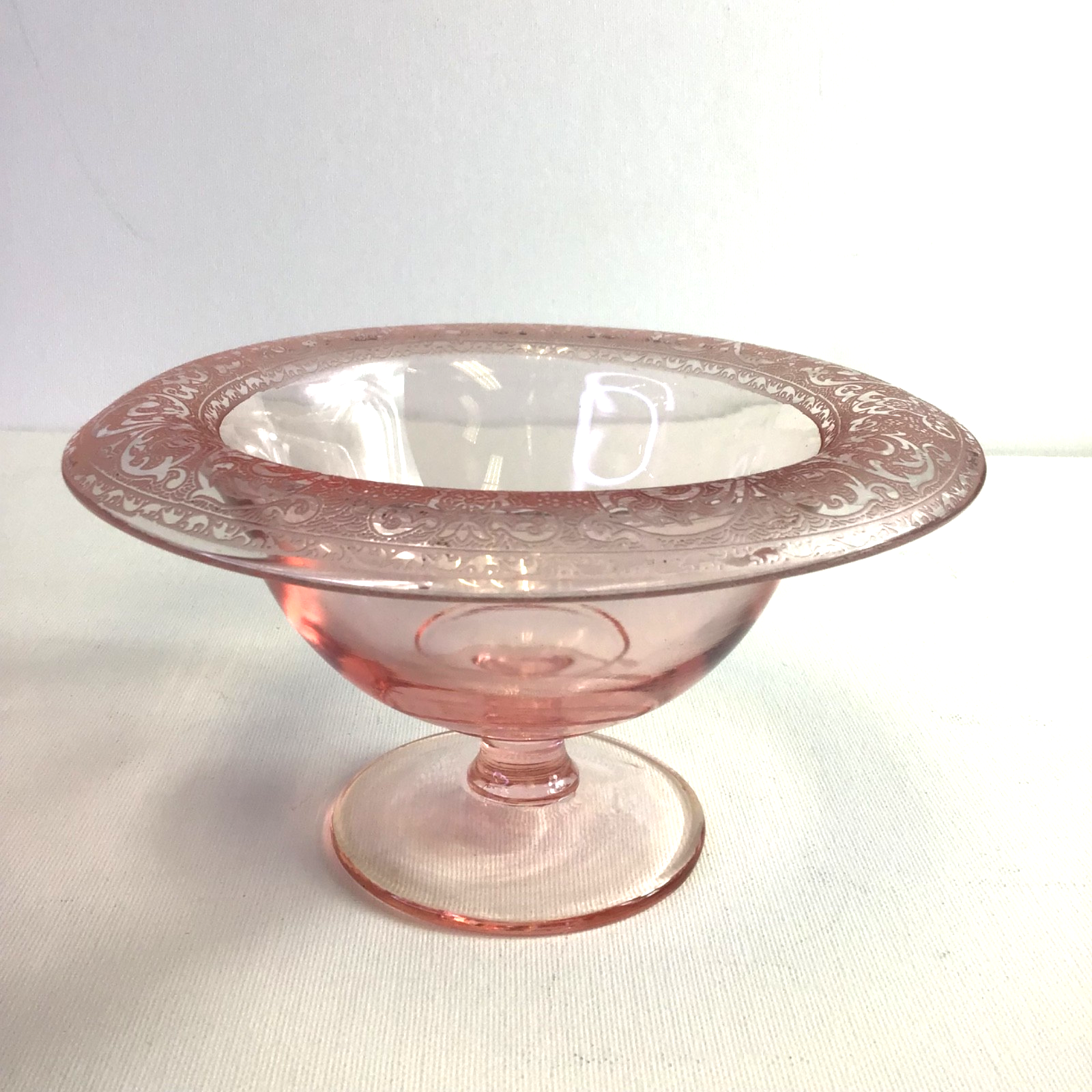 Vintage Pink Depression Glass Bowl on Pedestal with Delicate Etched Rim