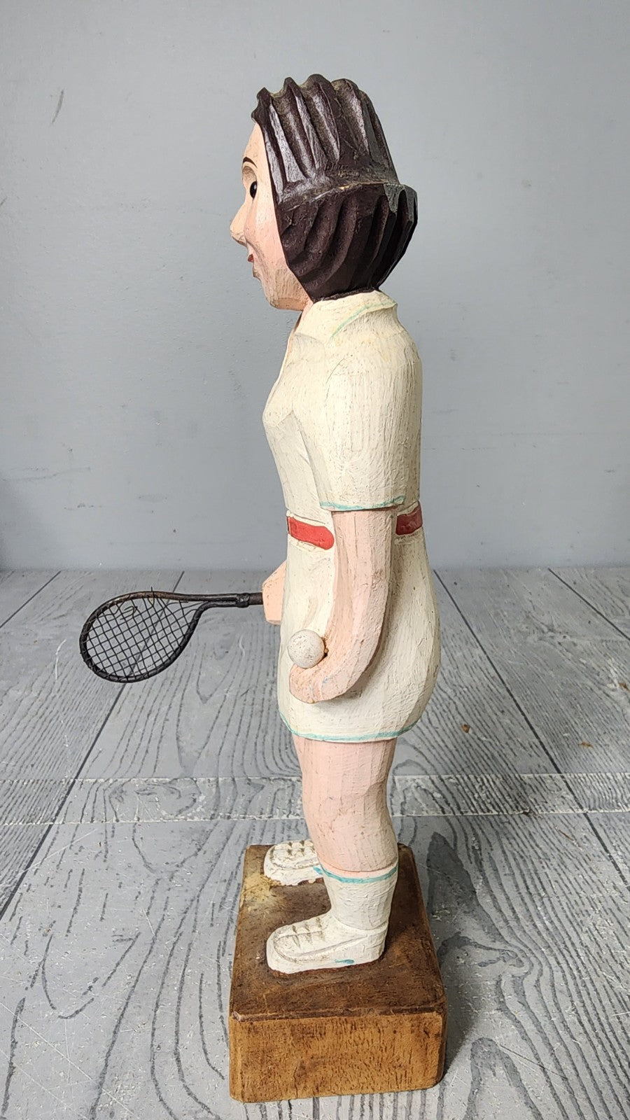 Vintage Hand Carved Wooden Statue Woman Playing Tennis Statue Wood Carving A