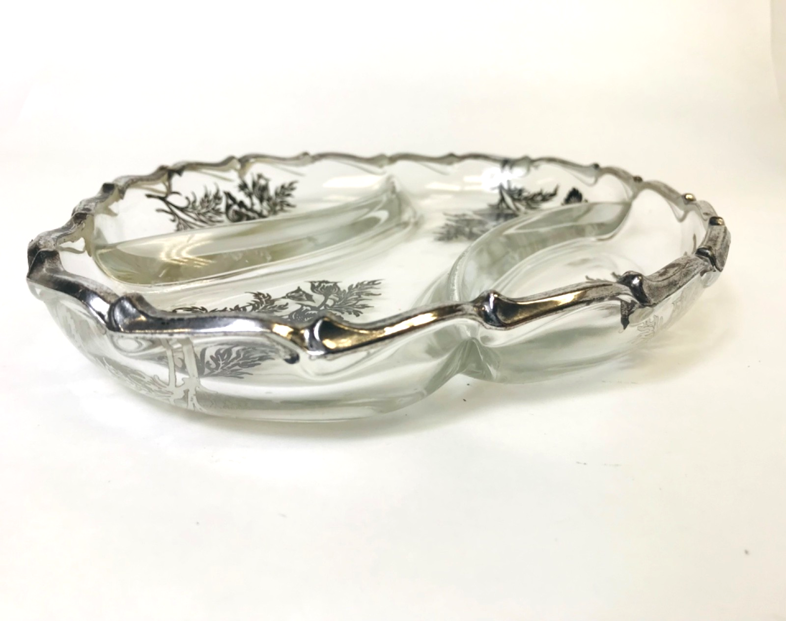 Silver City Glass Company Divided Relish Dish featuring Sterling Silver Overlay