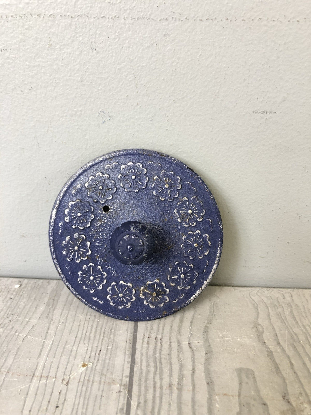 Cast Iron Ornamental Blue Teapot with Silver Flower Pattern and Black Handle