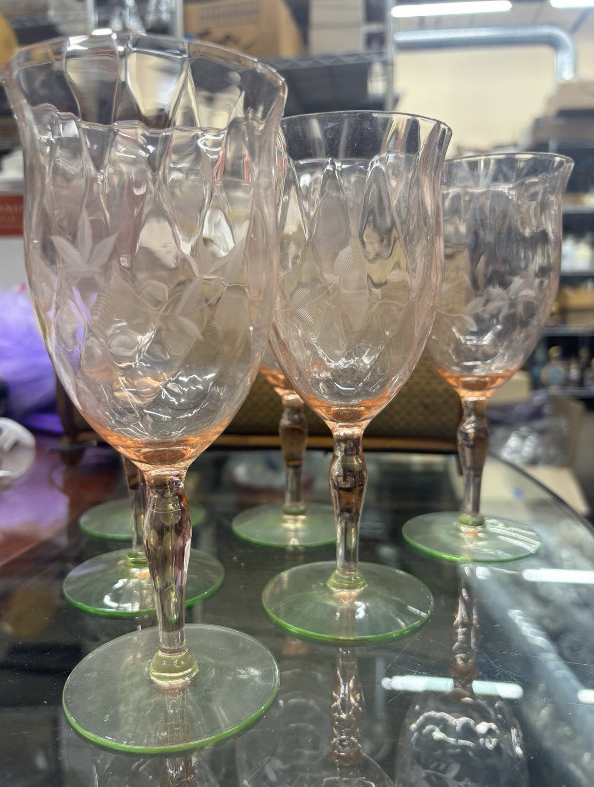 Vintage Pink And Green Tiffin Glass Etched Stemmed Uranium Wine Glasses Set Of 6