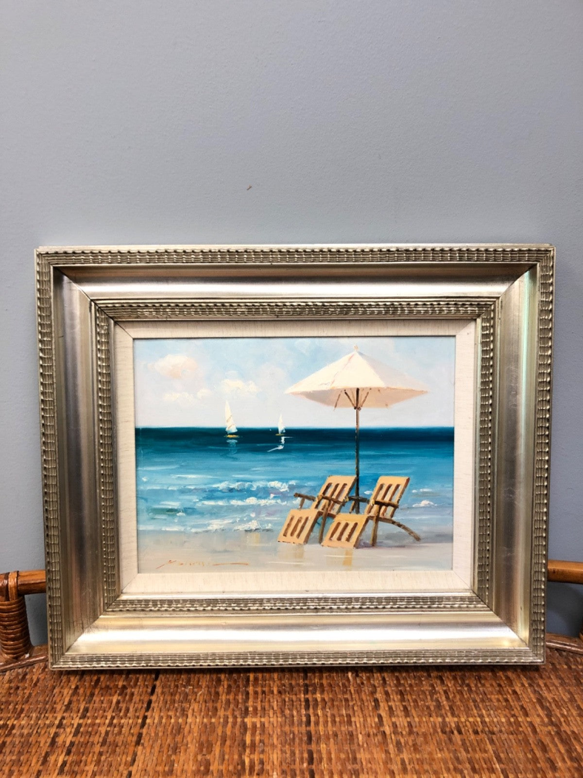 Acrylic Painting on Canvas of Two Chairs Under the Umbrella at the Beach- Signed
