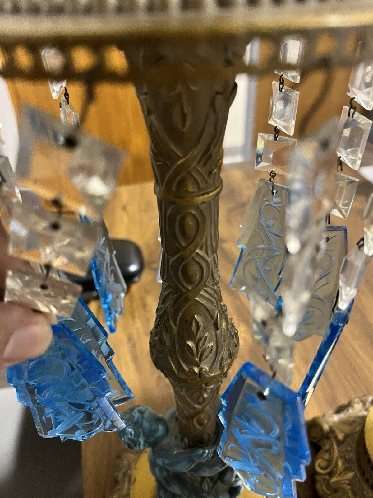 Pair Of Antique Cast Gold Metal With Blue Cherub Figural Table Lamp Clear Shades