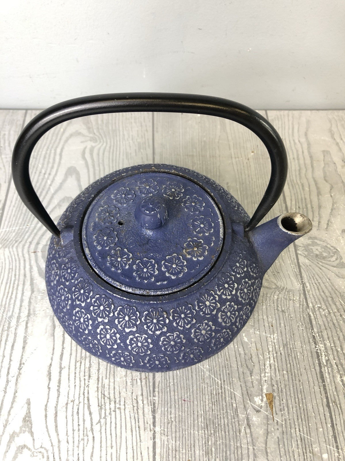 Cast Iron Ornamental Blue Teapot with Silver Flower Pattern and Black Handle