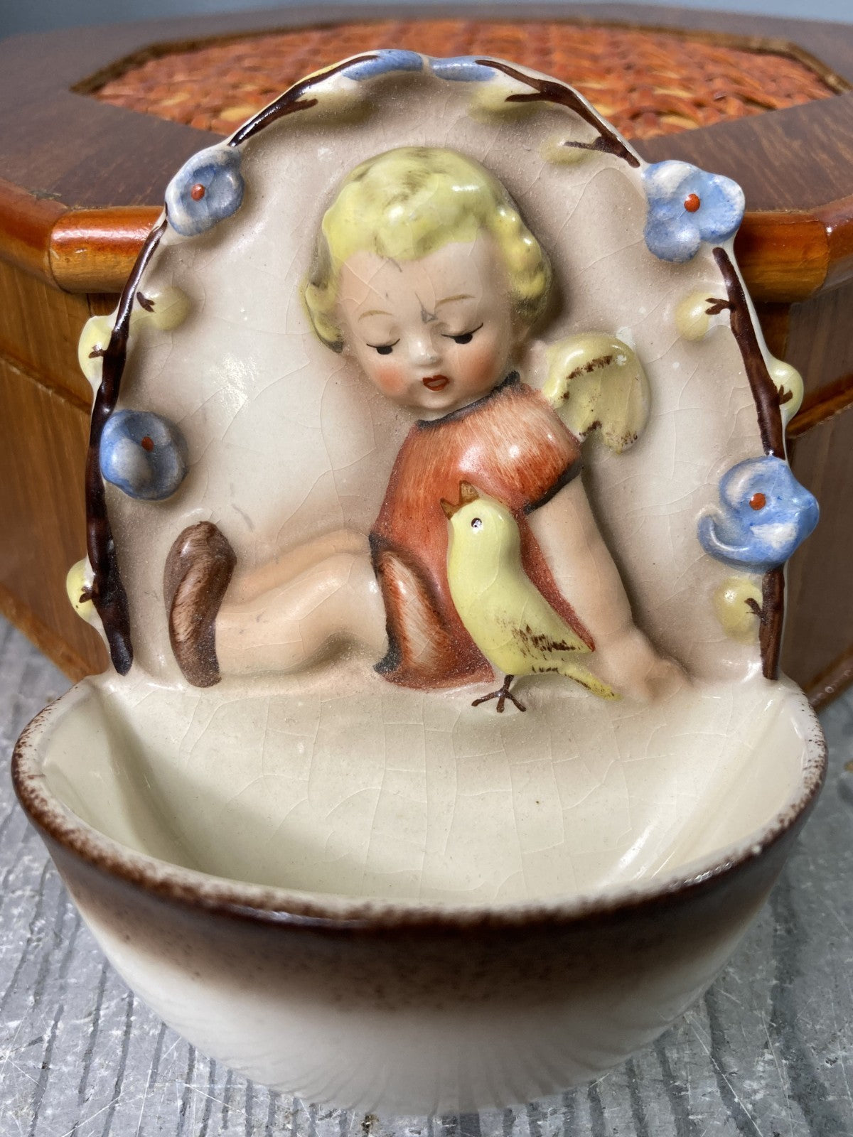 RARE!!! Vintage Hummel Small Holy Water Font Wall Pocket Featuring Angel With Bi