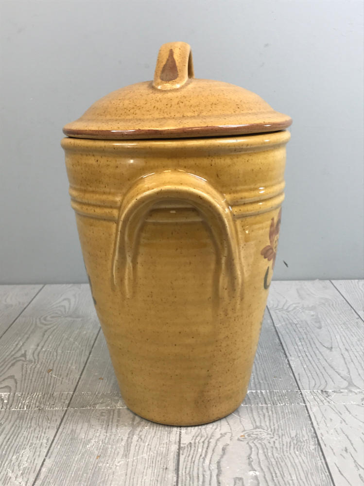 ROYAL HAEGER POTTERY Glazed CROCK Tall Lidded Gold Yellow Jar Made in USA 14"