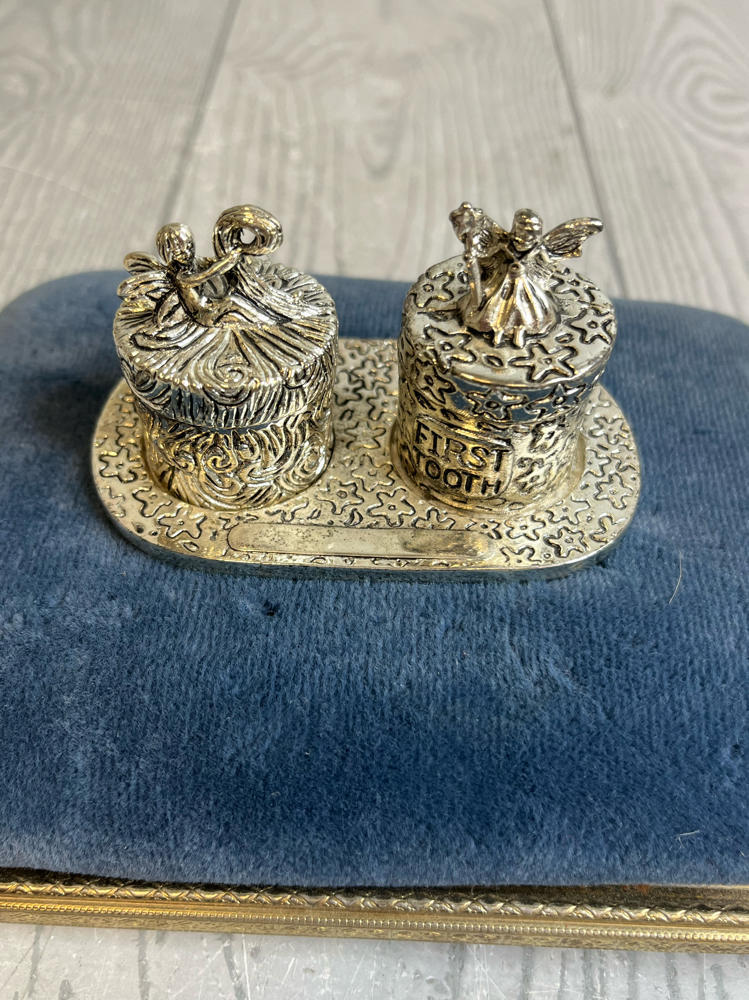 CBK Baby's First Tooth & First Curl Pewter Lidded Trinket Boxes on Tray Fairies
