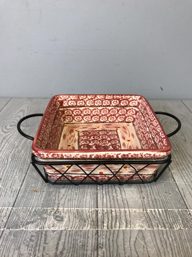 Temp-Tations Old World Cranberry 5 piece Square Baking Dishes w 3 Metal Stands