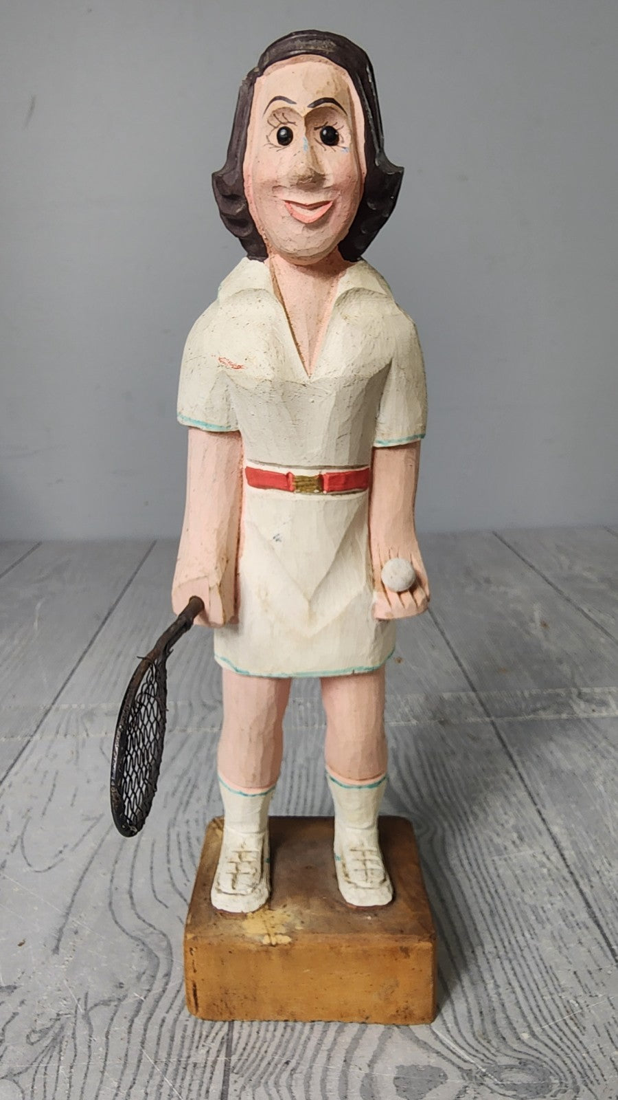 Vintage Hand Carved Wooden Statue Woman Playing Tennis Statue Wood Carving A